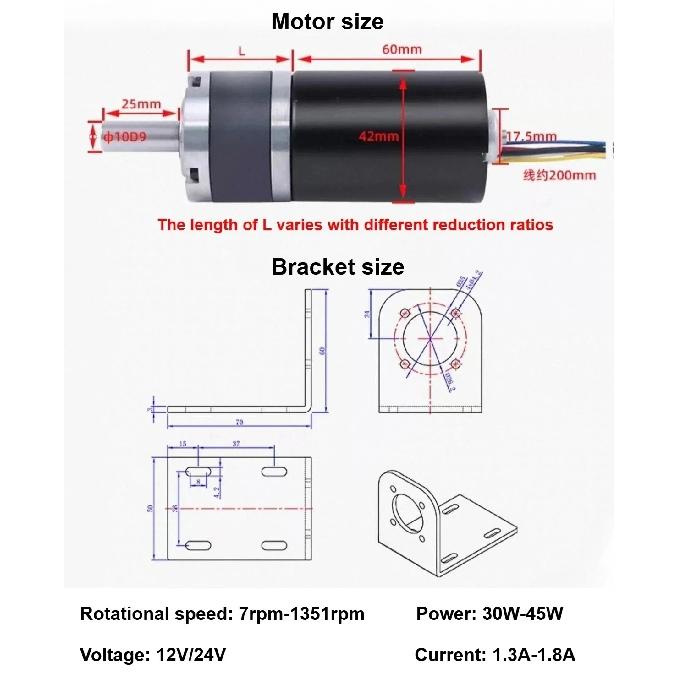 BLDC Eingebauter Antrieb Bürstenloser Motor PGM42-4260 Planetengetriebe DC Hochdrehmomentmotor 12/24V Einstellbare Geschwindigkeit CW/CCW Elektromotor
