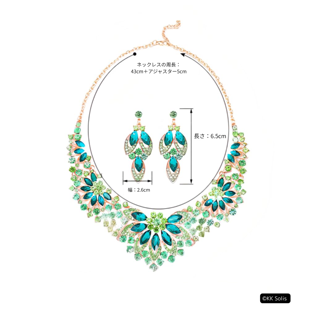 [KK Solis] Flower Motif Gorgeous Necklace & Earrings - Large, Luxurious, High-End Jeweled Accessory for Weddings, Receptions, Parties, Concerts,