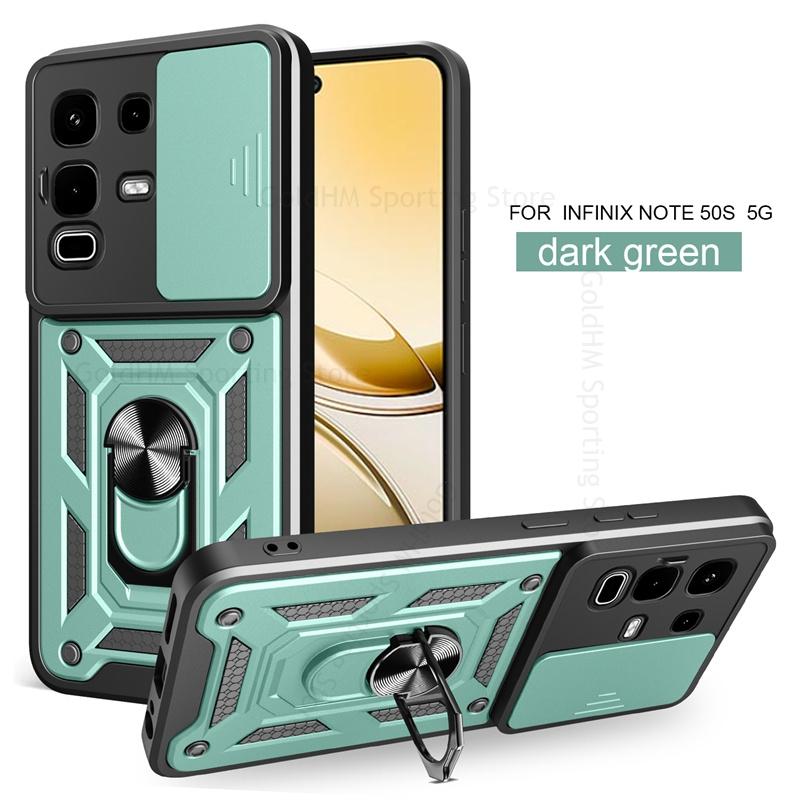 

Прочный защитный чехол с выдвижной шторкой для камеры для Infinix Note 50s 50 Pro Plus с магнитной подставкой-кольцом для пальца Note 50 Pro 4G зелёный