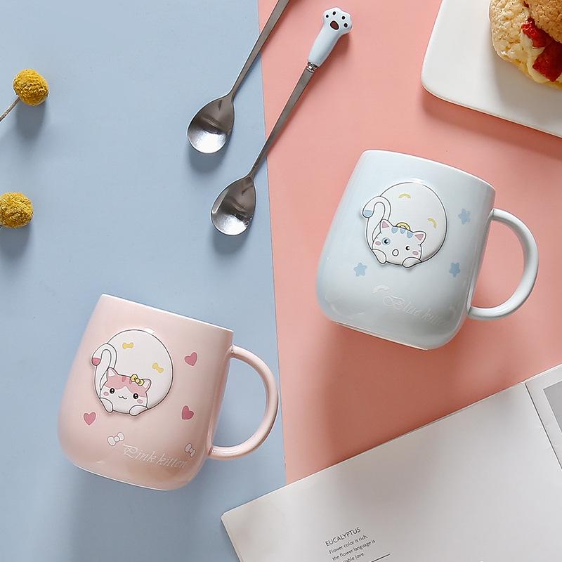 Cartoon Cat Ceramic Mug with Lid and Spoon - Trendy Office Coffee Cup