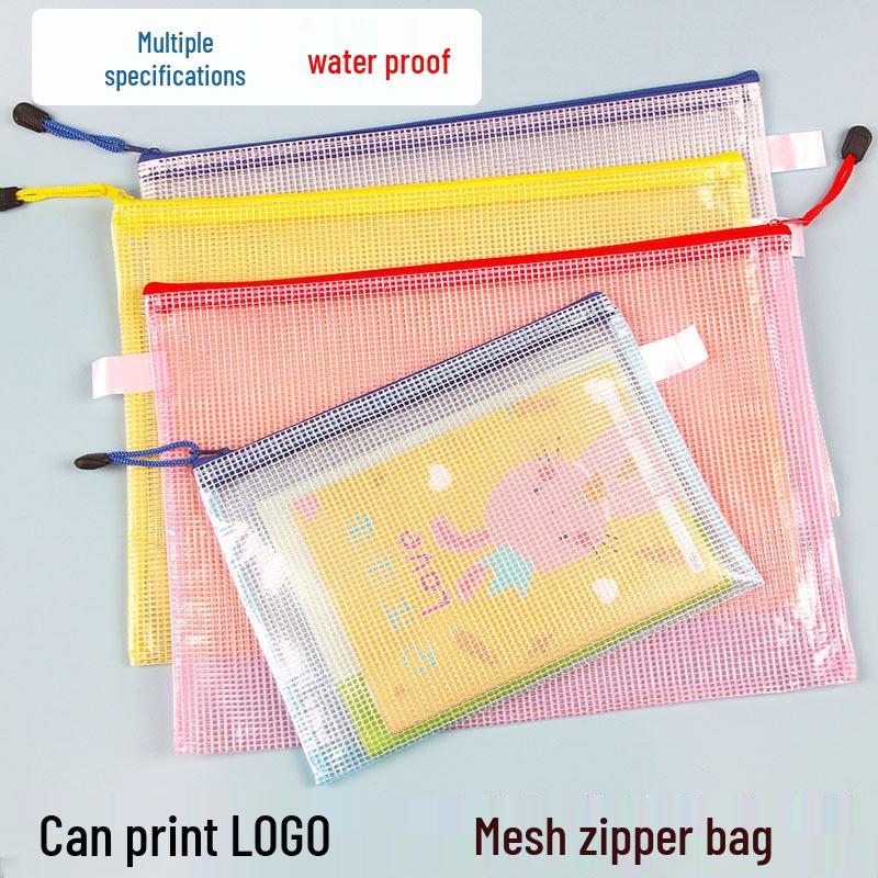A4 Waterproof Mesh Zipper File Bag - Transparent, PVC, Handheld, Office & Student Stationery.