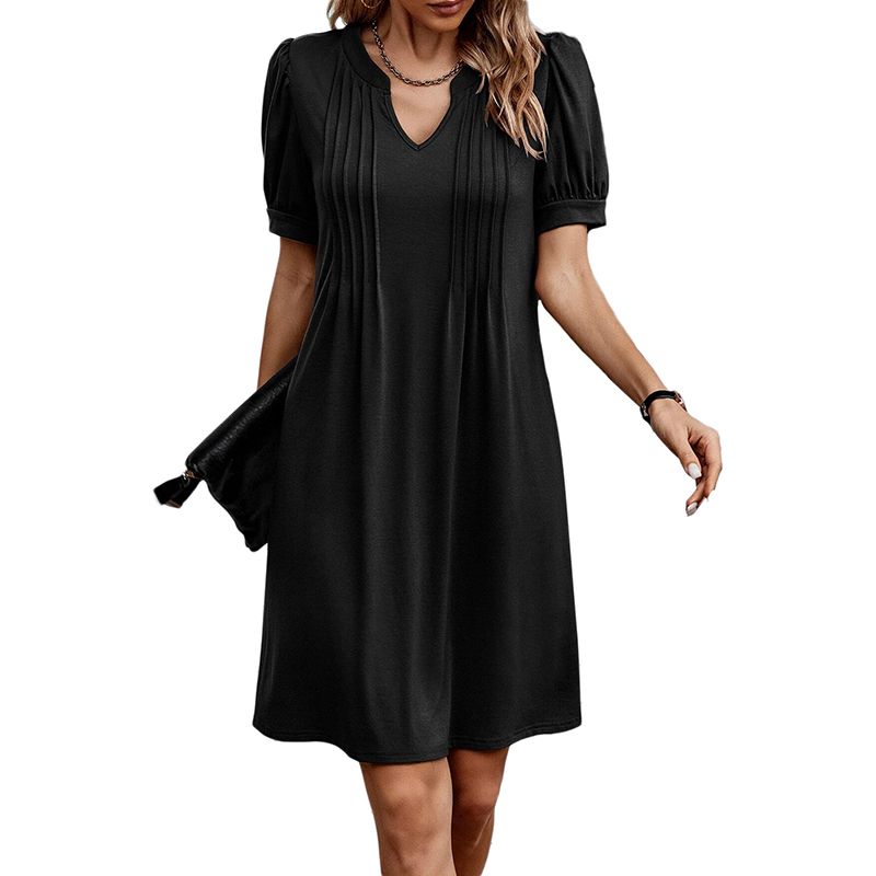 

2024 Summer New Arrival Pure Color Pleating T-shirt Style Dress Women European and American Leisure Loose High Waist Straight-leg Short Skirt Women Black Size S fit (45.00 kg-55.00 kg