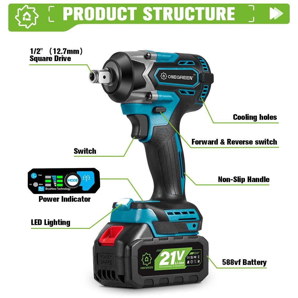 ONEGREEN Brushless 1000N.M Electric Impact Wrench 1/2" Cordless Drill Screwdriver Car Repair Power Tool For Makita Battery Pin