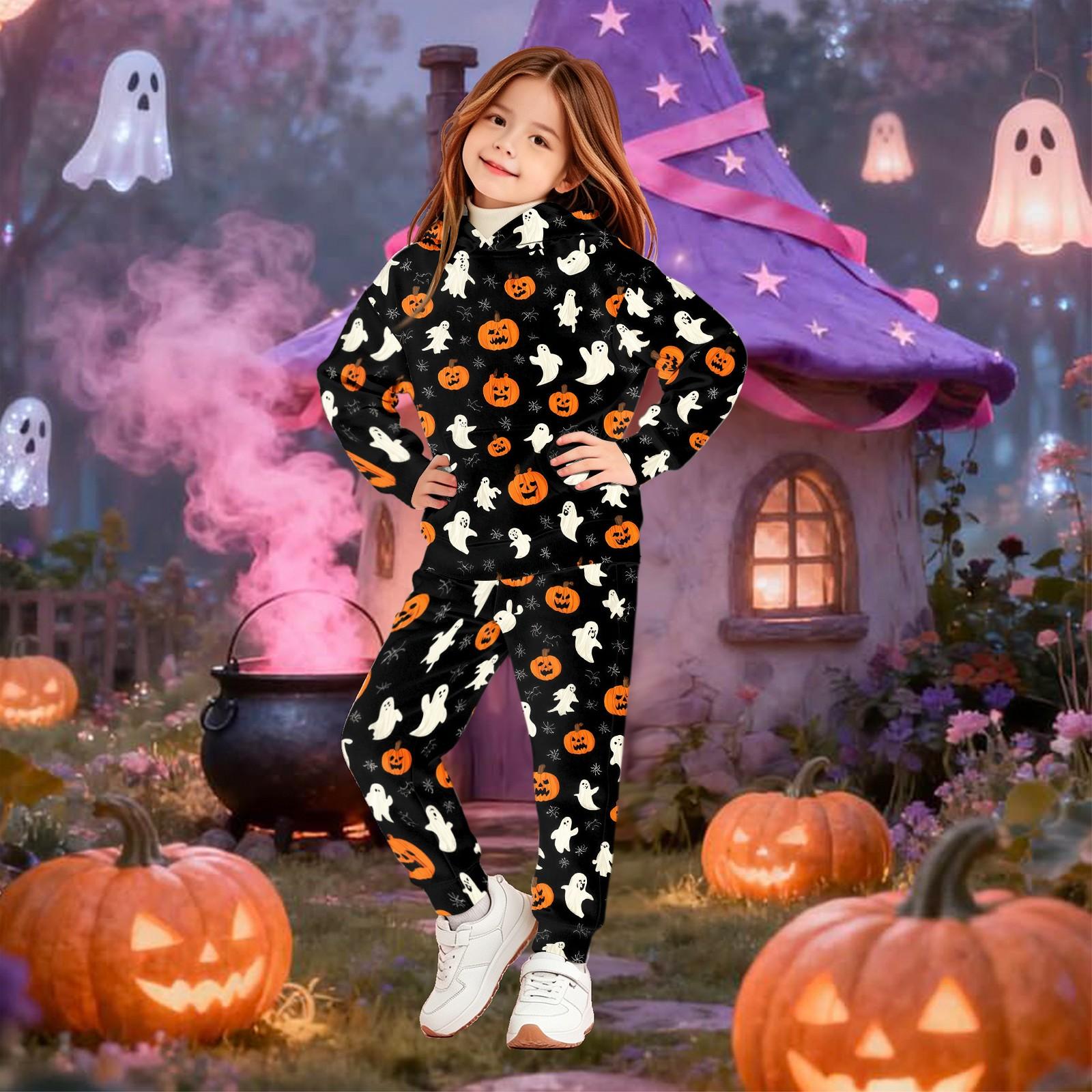 Kids Hoodie Set with Halloween Print – Long Sleeve Pullover and Pants for Boys Girls Holiday Party 150