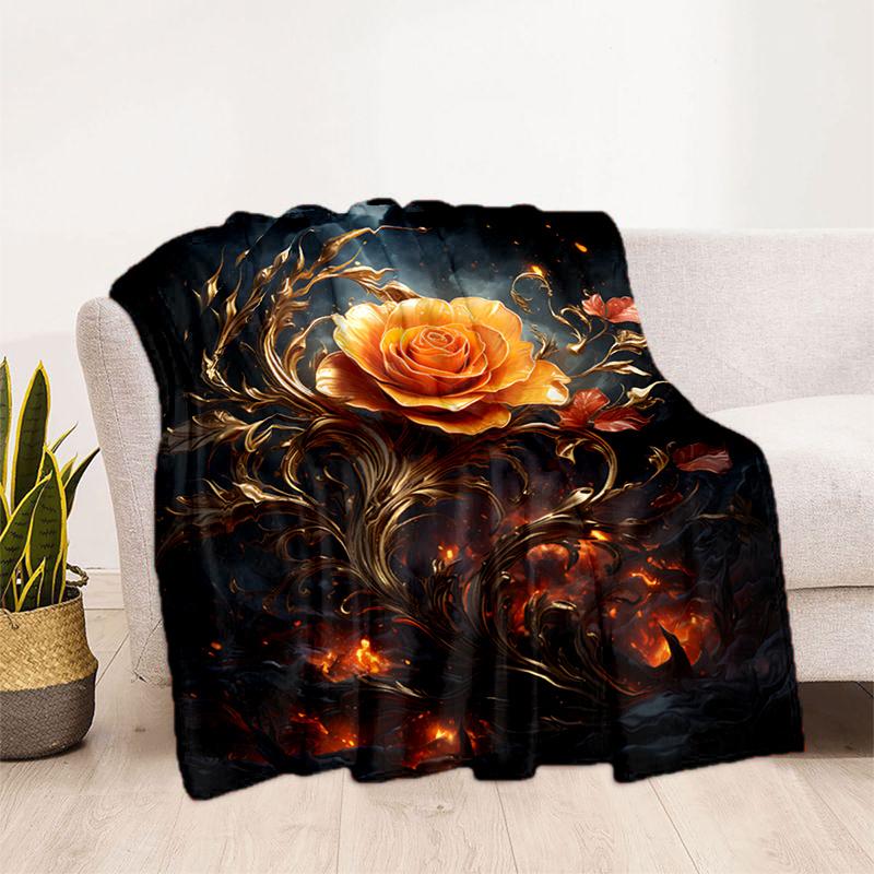 Golden Rose Flannel Blanket Elegant Leaf Print Throw for Sofa/Bed,Soft Fleece Gift for Women,Home Decor & Cozy Travel Essential