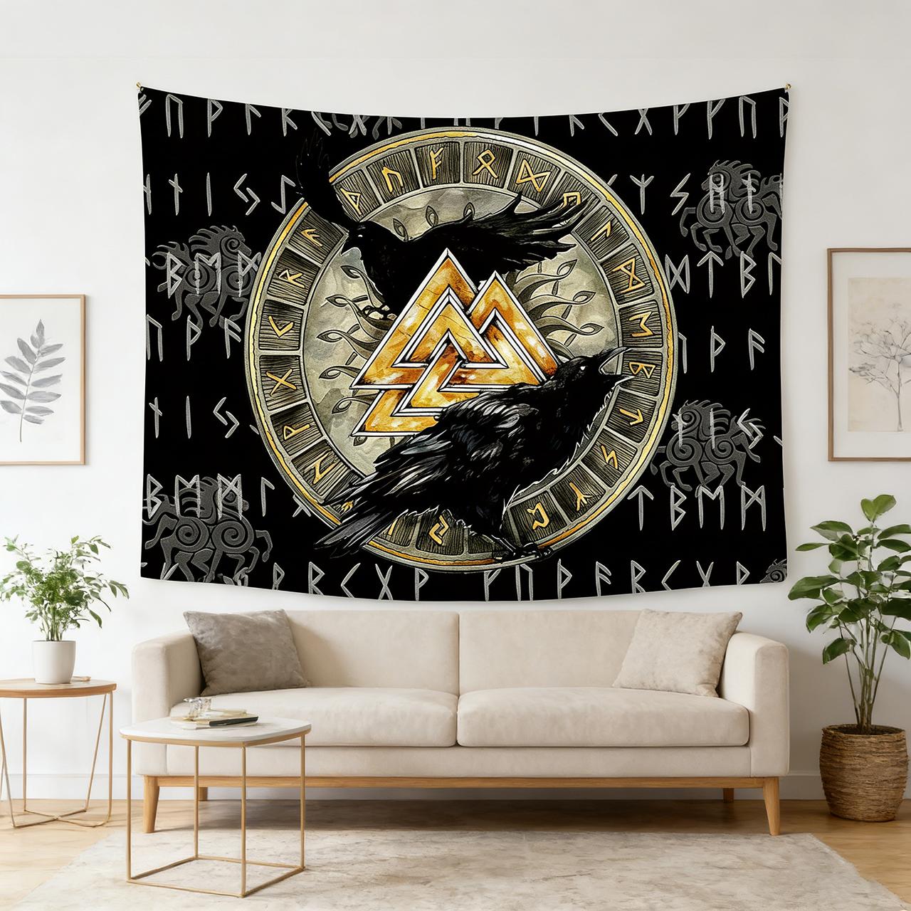 Nordic Viking Tapestry Flat Printed Mysterious Raven Rune Wall Hanging for Mens Bedroom Living Room Viking Style Decor 74x94cm(29x37in)