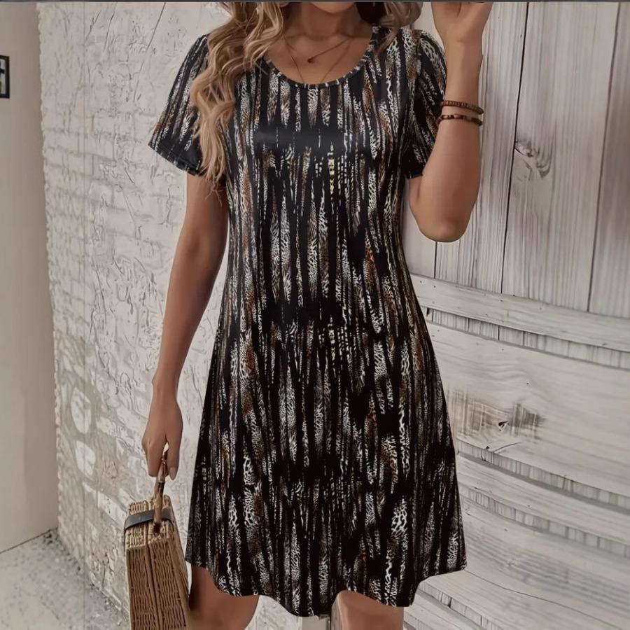 2025 New Women's Printed Casual Short Sleeve Crew Neck Pendulum Dress Women's Clothing