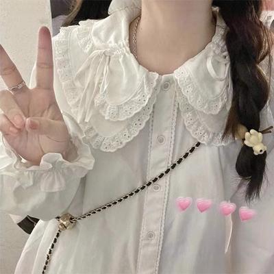 Primavera y Otoño Japonés Chica Suave Lindo Encaje Encaje Cuello de Muñeca Encaje Camisa de Manga Larga para Mujer Suelta Versátil Camisa Top