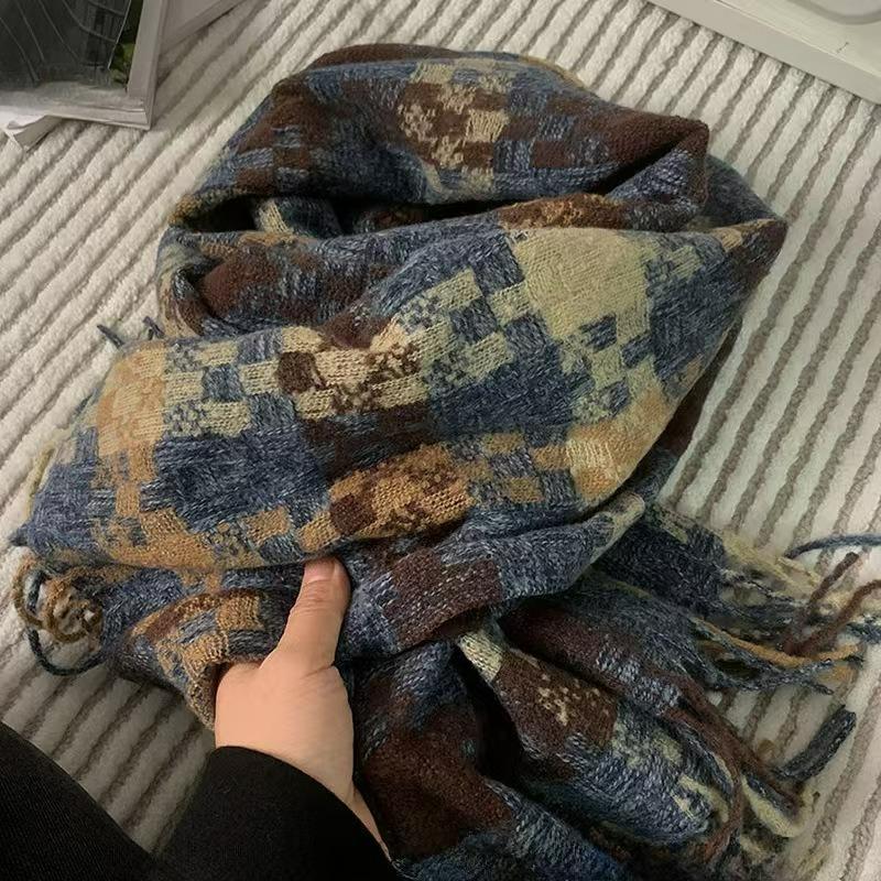 Осенне-зимняя атмосфера, клетчатый шарф в тон, кисточка, теплая манишка-шаль на все случаи жизни для мужчин и женщин 65*200cm