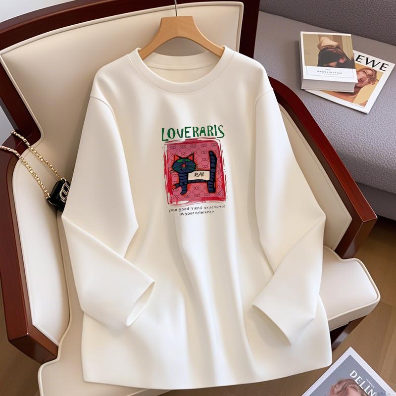 European-Style Fleece-Lined Women's Cotton Base Layer, White Long-Sleeved T-Shirt, Hip-Length, New for Autumn/Winter 2024
