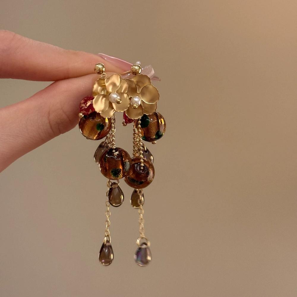 New Geometric Asymmetric Water Drop Tassel Flower Earrings for Women Retro Unique Trendy Versatile Jewelry Gifts