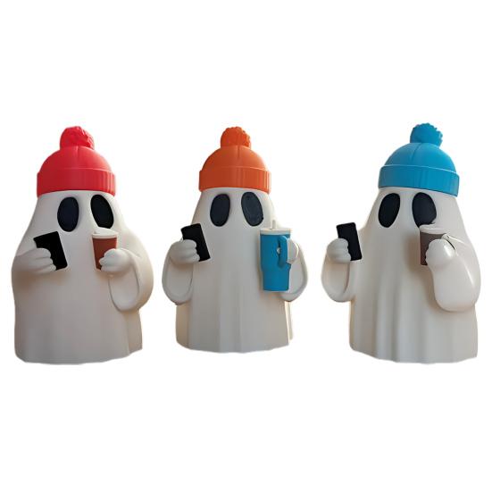 Halloween Ghost Figurine Cute Ghost Holding Phone And Cup Statue Small Ghost Tabletop Ornament for Halloween Home Decor