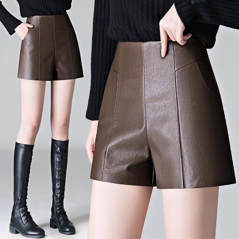Women's Black PU Leather High-Waist A-line Shorts - 2026 Autumn Winter Collection: Petite, Slimming, Wide-Leg Bootcut Style