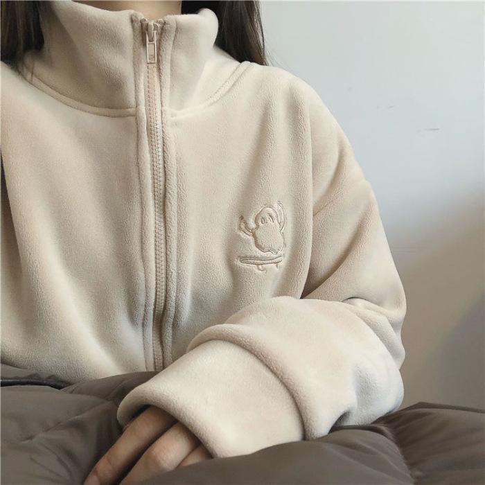 Huge warm small stove thickened Ollie velvet embroidered turtleneck zipper sweater cardigan women s thermal velvet shirt fleece jacket M абрикосовый