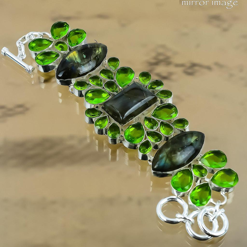 Labradorite Gemstone Green Amethyst 925 Sterling Silver Chain Bracelet Jewelry