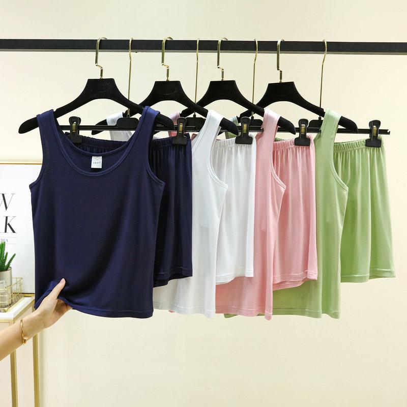 Summer Loose Pajama Set Sleeveless Tank Top & Shorts 2 Piece Set For Women Solid Color Basic Layering Loungewear Homewear Suits