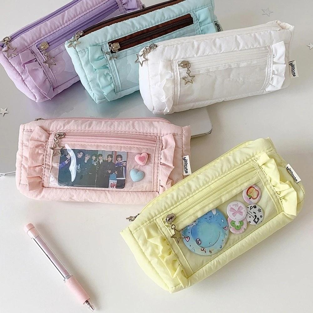 Ruffled Edge Ruffled Pencil Case Star Zipper Pencil Pouch Korean Ruffled Stationery Bag Office