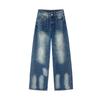 Spring Summer Fashion Rhinestone Cat Whisker Accent Low Waist Relaxed Wide Leg Trendy Denim Pants Women Casual Pants Oversize Denim Trousers