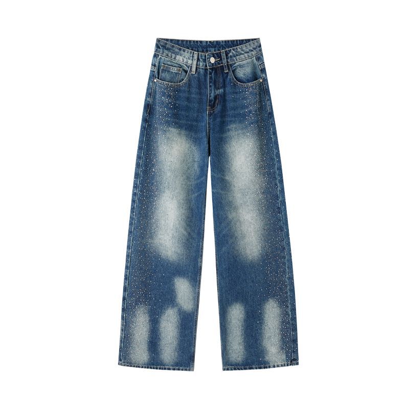 Spring Summer Fashion Rhinestone Cat Whisker Accent Low Waist Relaxed Wide Leg Trendy Denim Pants Women Casual Pants Oversize Denim Trousers