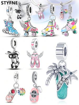 Stylish Charms Plata Summer Roller Skates Coconut Tree Beads Genuine Copper Plated Fit Charms Original Bracelet For Jewelry Item Designing Diy Charm