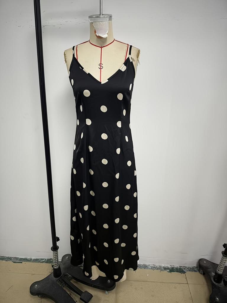 2026 Retro Polka Dot V-neck Satin Camisole Dress - European & American Style, Slimming Midi A-line Skirt for Women