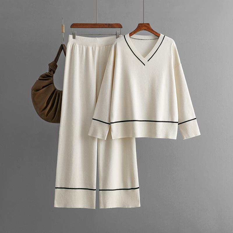 Fall Winter Lazy Wind Loose V-Neck Pulllover Sweater Suit Women's Solid Color Long Sleeve Knit Wide Leg Pants Two Piece Set