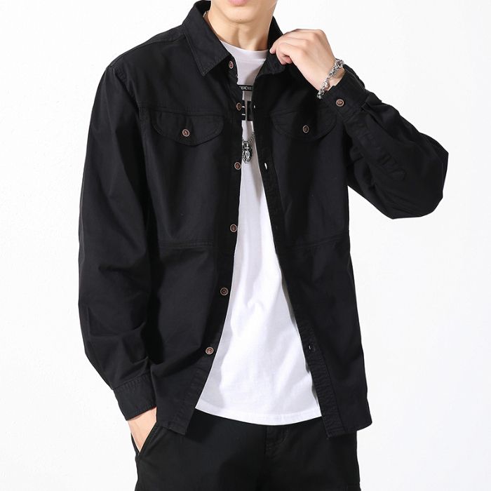 Men's Casual Long-Sleeved Shirt Trendy Brand Loose Fit Cotton Stretch Versatile Cargo Jacket Autumn Top