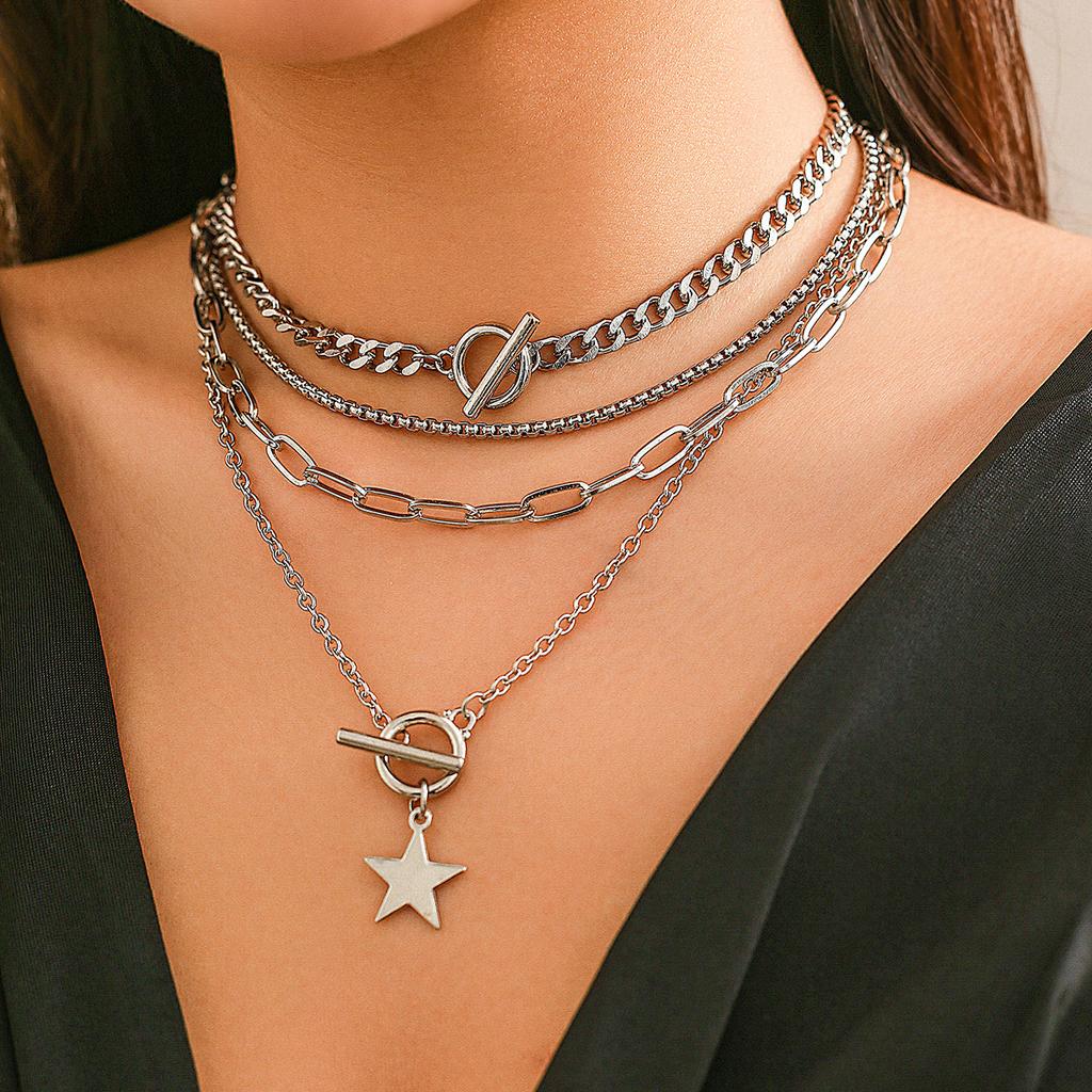 Personalized Pentagram Pendant Necklace Set, Punk Chain Ot Buckle Necklace