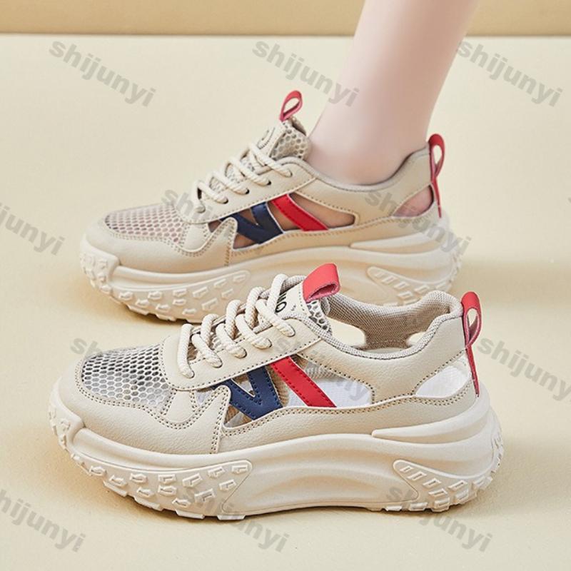 Fashion Women Platform Sneakers 2025 Summer New Hollow Breathable Height Increase Casual Shoes Comfortable Fashion Cross Tied Mesh Shoes
