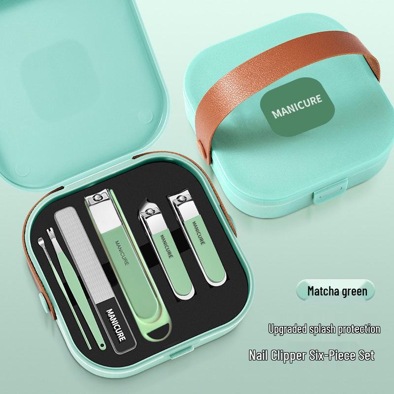 Matcha Green Nail Care Set: Anti-Splash Clippers, High-Grade Nail Tweezers, Eyebrow Tweezers, and Nose Hair Trimmer.