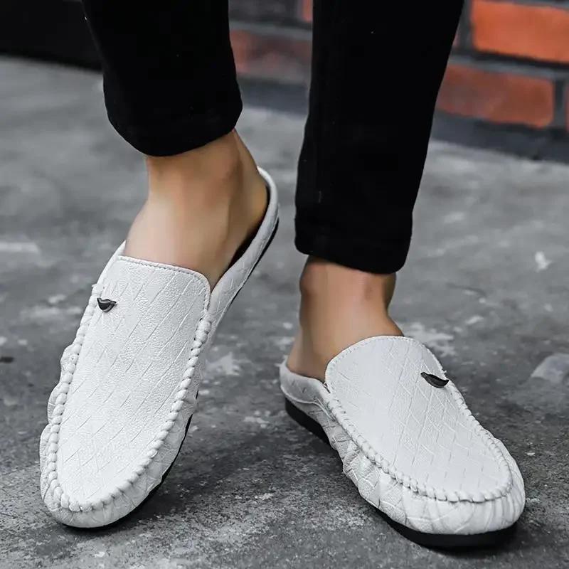 Retro Casual Sandals Man Flat Leather Wear Resistant Clappers 2025 Slippers for Men Fashion Trend Original Y2k Comfortable Shoes