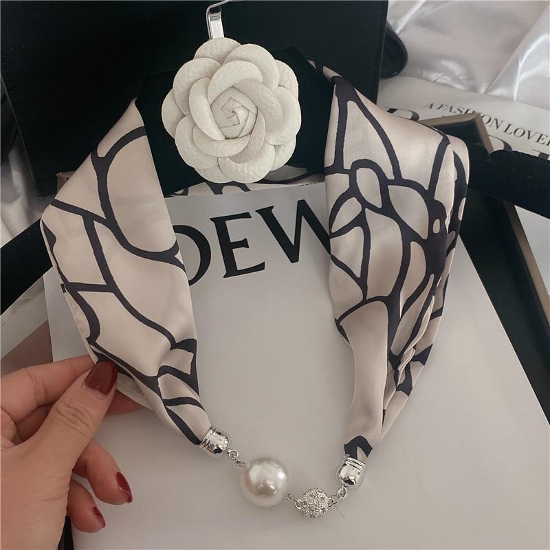 Luxury Design Magnetic Button Summer Silk Scarf Women Magnetic Pearl Necklace Scarves High End Matching Shirt Scarf Lady