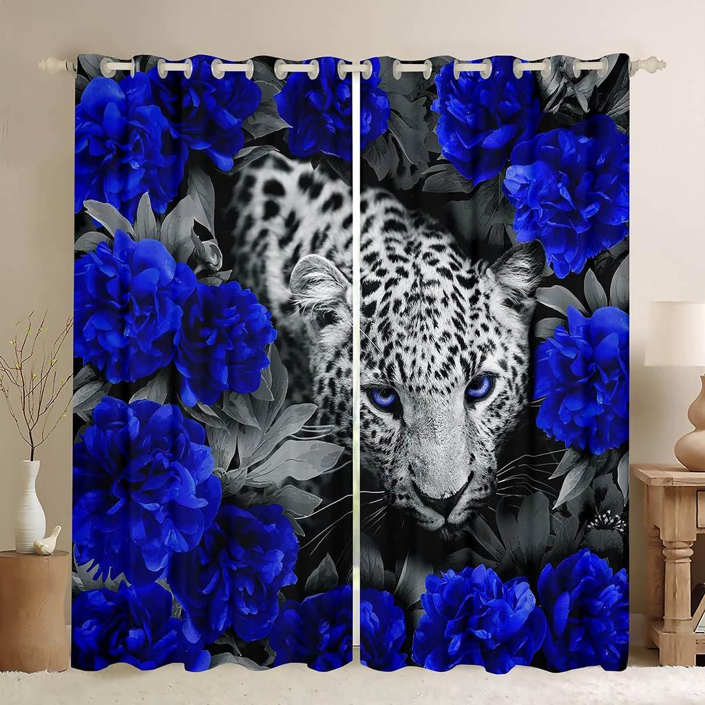 Retro Colorful Rose Animal Lion Print Curtains Living Room Study Children's Room Decorative Curtains Easy To Wash And Care 2PCS