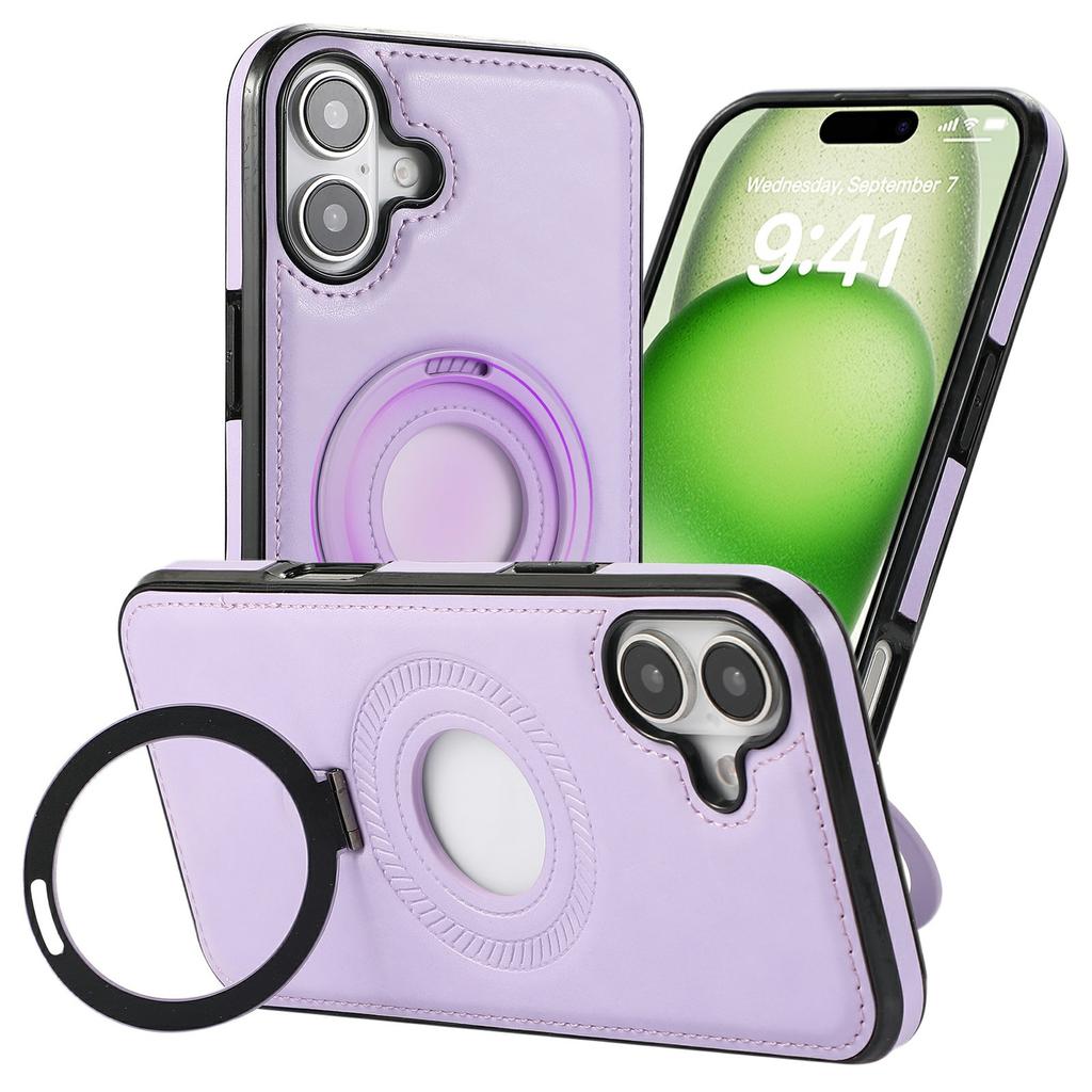 For iPhone 16 Case Magnetic Kickstand PU Leather Coated PC+TPU Phone Cover
