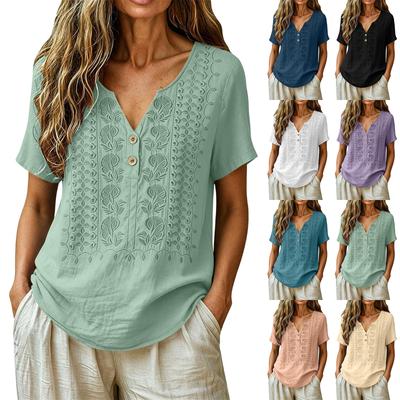 Women V Neck Embroidered Short Sleeve Blouse Casual Loose Fit Button Front Summer Top Lightweight Comfortable Shirt