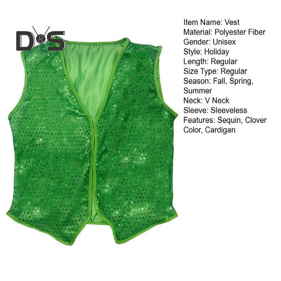 Irish St. Patricks Day Vest Sequin Waistcoat V Neck Sleeveless Unisex Party Holiday Performance Festival Wear Matching Shirts T-Shirts Vest