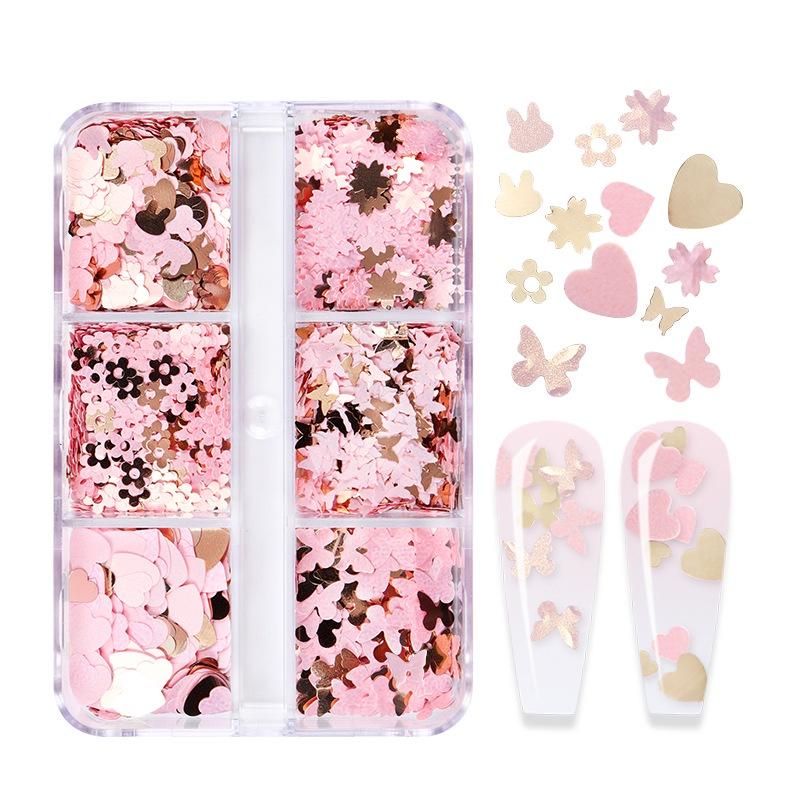 6 mřížek smíšené Valentýnské nail art flitry lesklé červené srdce s třpytivými vločkami na nehty potřeby pro profesionály příslušenství