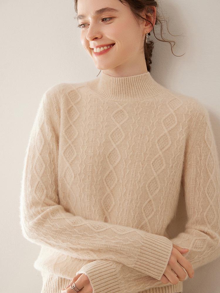 Women's Slim Fit Cashmere Cable Knit Pullover with Half-High Collar