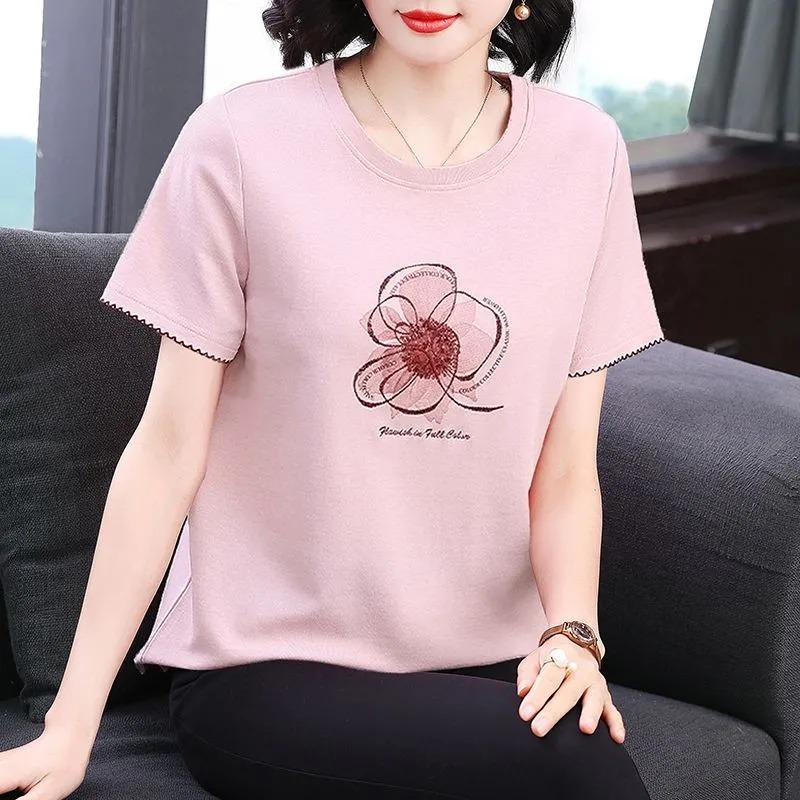 

Женская розовая футболка с цветочным принтом, круглым вырезом и короткими рукавами M розовый