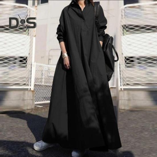 Ženy jaro podzim košile s dlouhým rukávem, výstřihem do V, jednořadé jednořadé, jednobarevné, volné letní šaty, ležérní, dlouhé šaty, streetwear