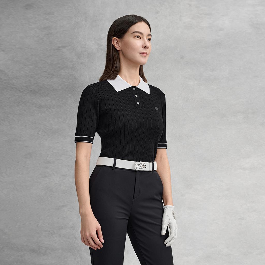 FILA Golf Series Simple Fashion Classic Sports Casual Golf Versatile Comfortable Woven Short Sleeve Polo Shirt Women tops Deep-Black A11W615408FBK
