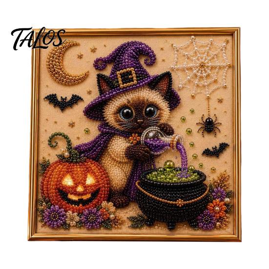 Decorative Hanging Pictures for Halloween Ghost Faux Pearl Art DIY Kit with Frame, Cat Painting Easy Projects Beginners Kit, 3D Witch Pumpkin