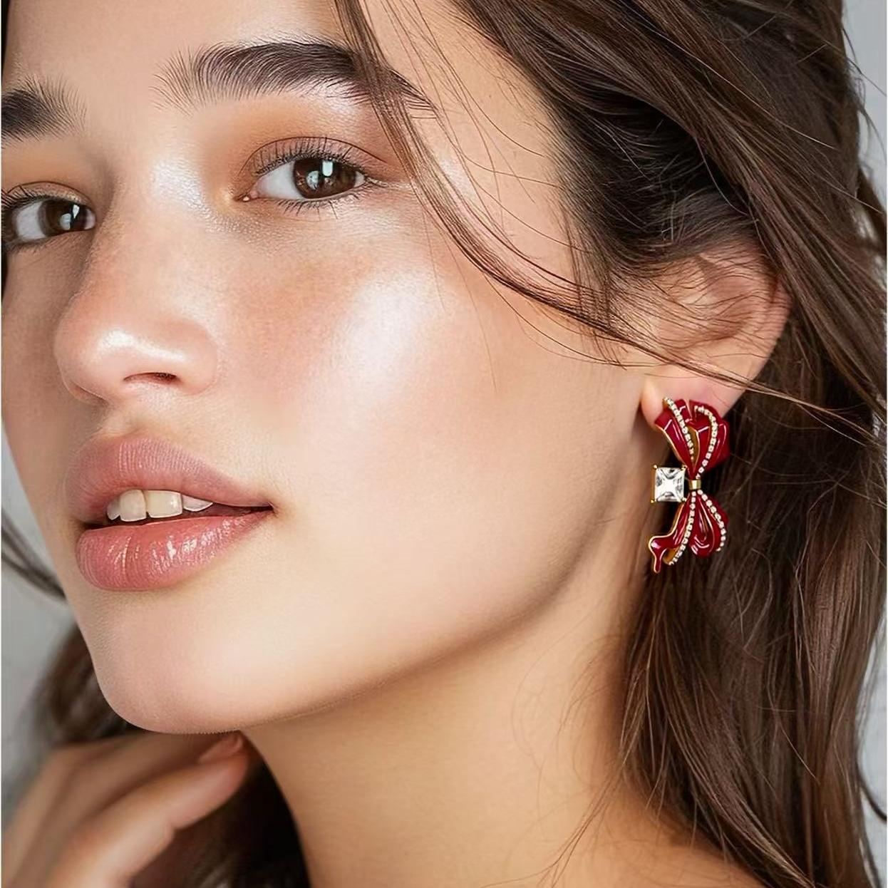 Medieval Popular Rose Red Enamel Bow Inlaid With Zircon Earrings