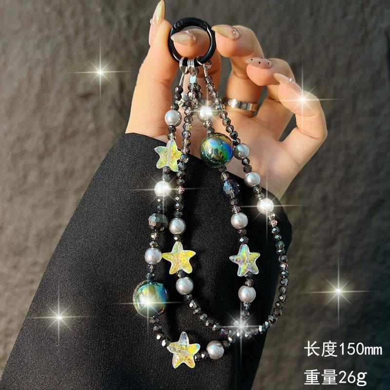 

New Crystal Starfish Double Layer Phone Chain Short Crystal Pearl Beaded Phone Strap Wrist Bag Pendant Anti-Lost 【Black】Crystal Starfi