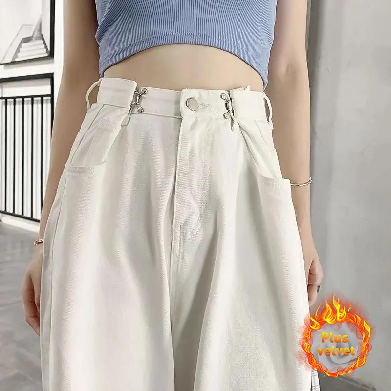 Blanco otoño Talla grande Pantalones vaqueros de cintura alta Ropa de calle  femenina Pantalones de pierna ancha Pantalones de moda de cuerpo entero  Pantalón vaquero suelto Caliente comprar a buen precio —