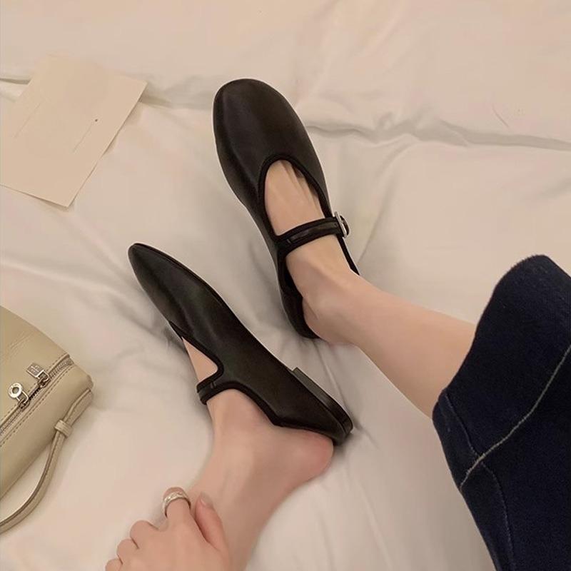 New Round-toe Buttoned Slip-on Low-heeled Open-toe Flat Shoes for Women