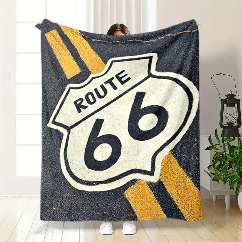 1Pz Coperta con motivo Highway 66, leggera per tutte le stagioni, per casa, ufficio, pisolino all'aperto, coperta multifunzionale