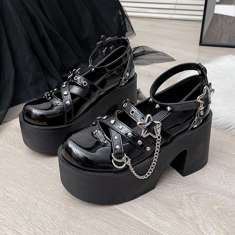 Fashion Autumn New Women High Heel Single Shoes Gothic Rivets Rhinestone Cosplay Female Pumps Black Lolita Mary Janes Shoes Platform