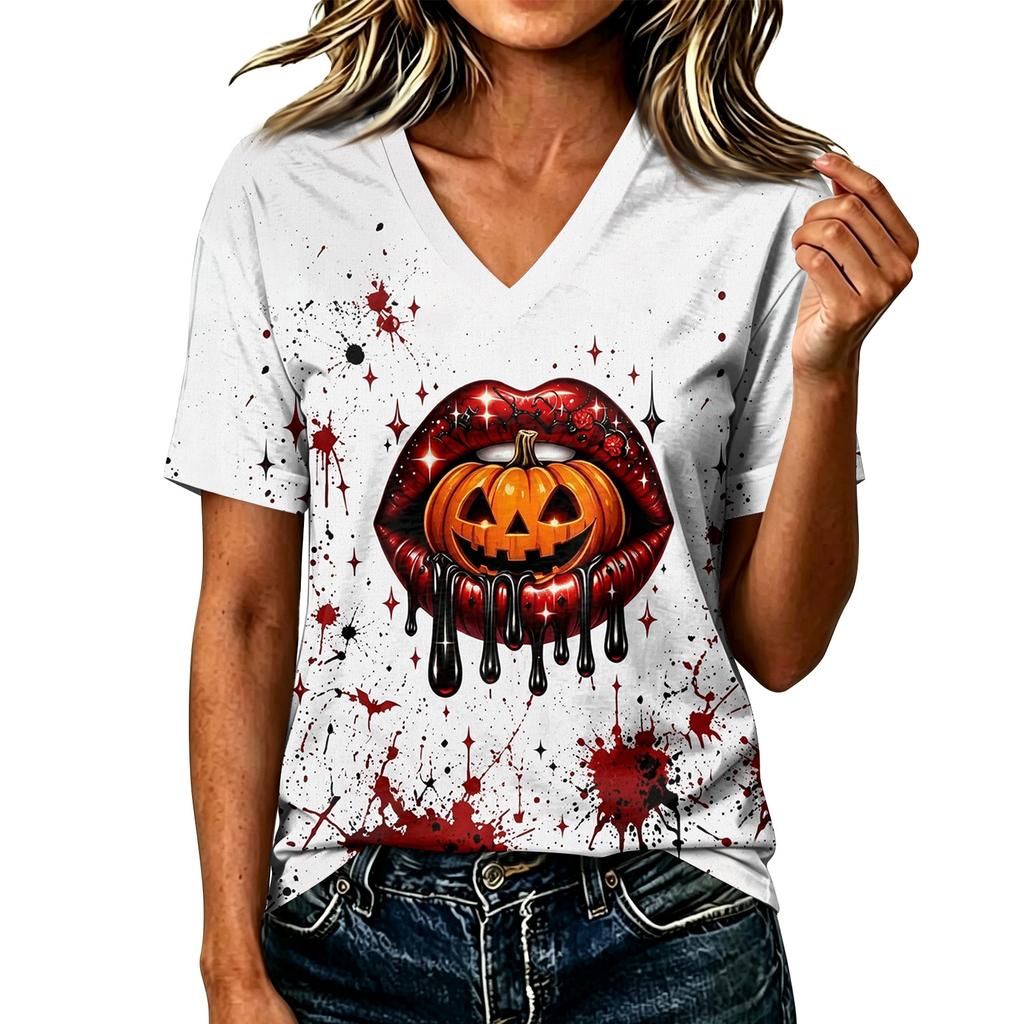 Women's Casual V-Neck Top with Halloween Print for Fall Festive Wear