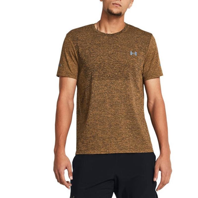 Under Armour Maglietta da Uomo a Maniche Corte da Corsa Sportiva Aderente con Stampa Logo Senza Cuciture Color Block Girocollo Arancione Selvaggio 1375692-804
